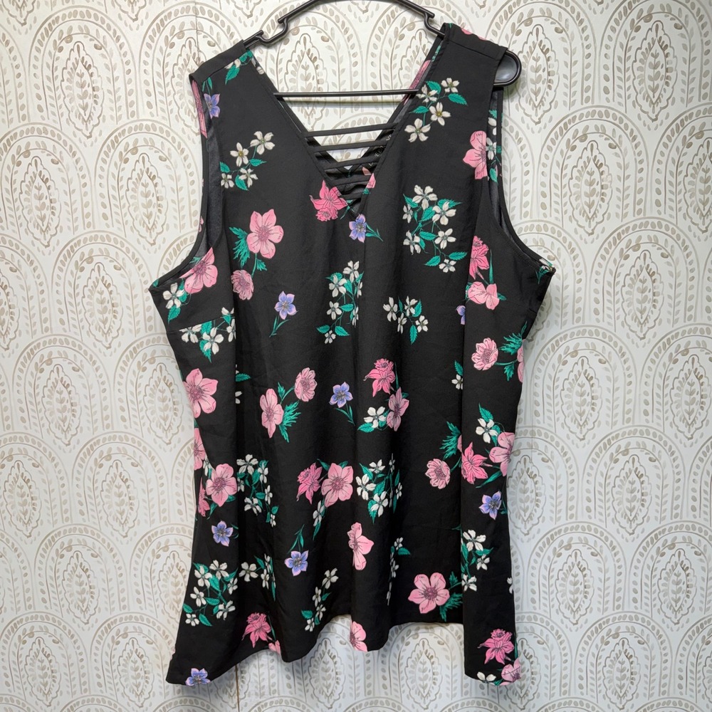Lane Bryant Floral Sleeveless Blouse Womens‎ 22 Black Strappy V-Neck Plus Size
